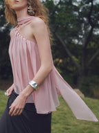 someonesometimes Patchwork Asymmetrical Halter Loose Women Mist Pink Off Shoulder Crop Tops