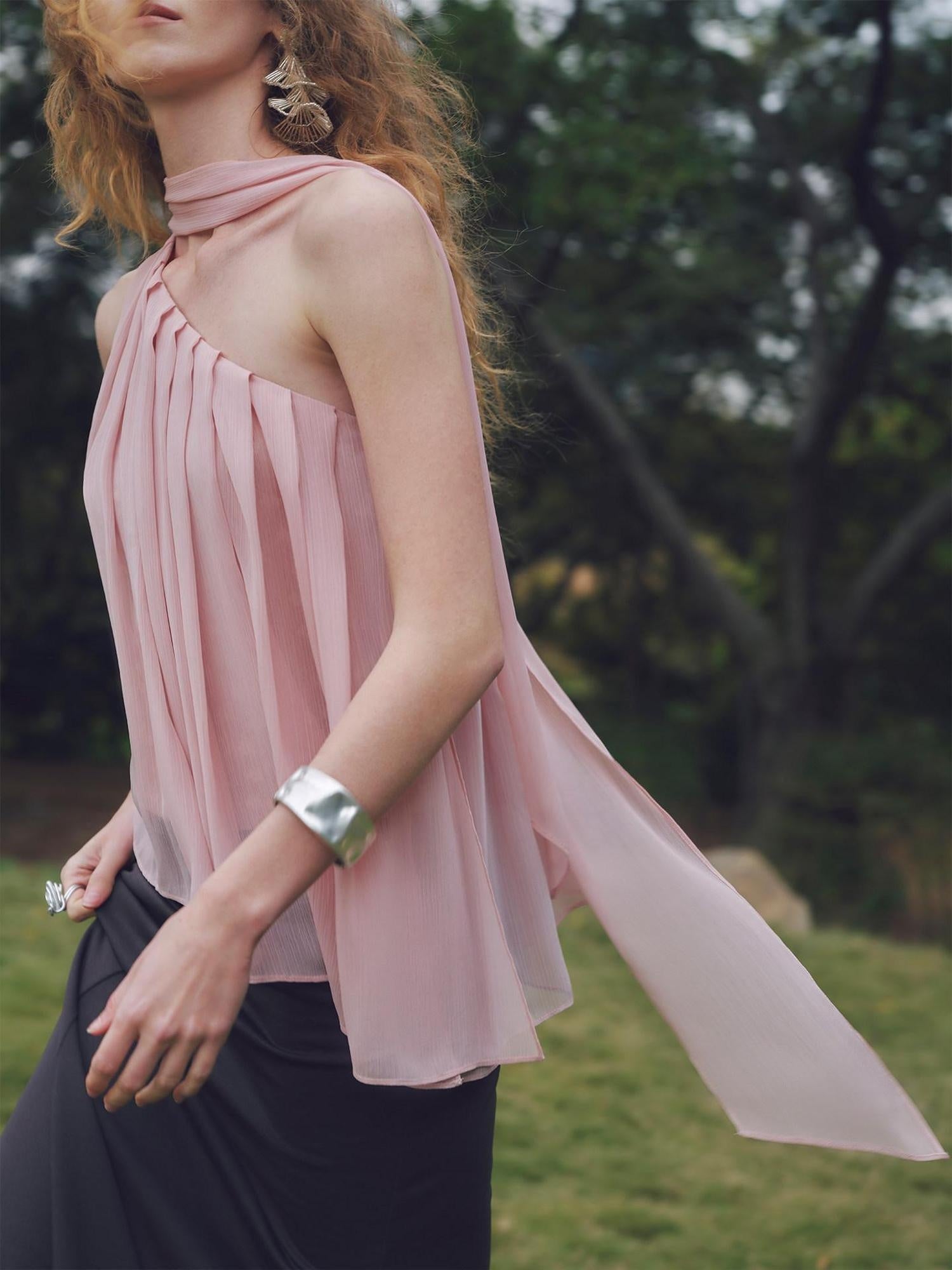someonesometimes Patchwork Asymmetrical Halter Loose Women Mist Pink Off Shoulder Crop Tops