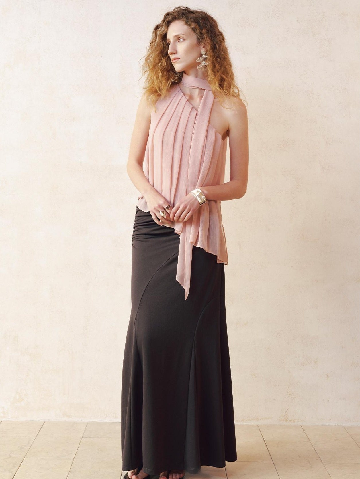someonesometimes Patchwork Asymmetrical Halter Loose Women Mist Pink Off Shoulder Crop Tops
