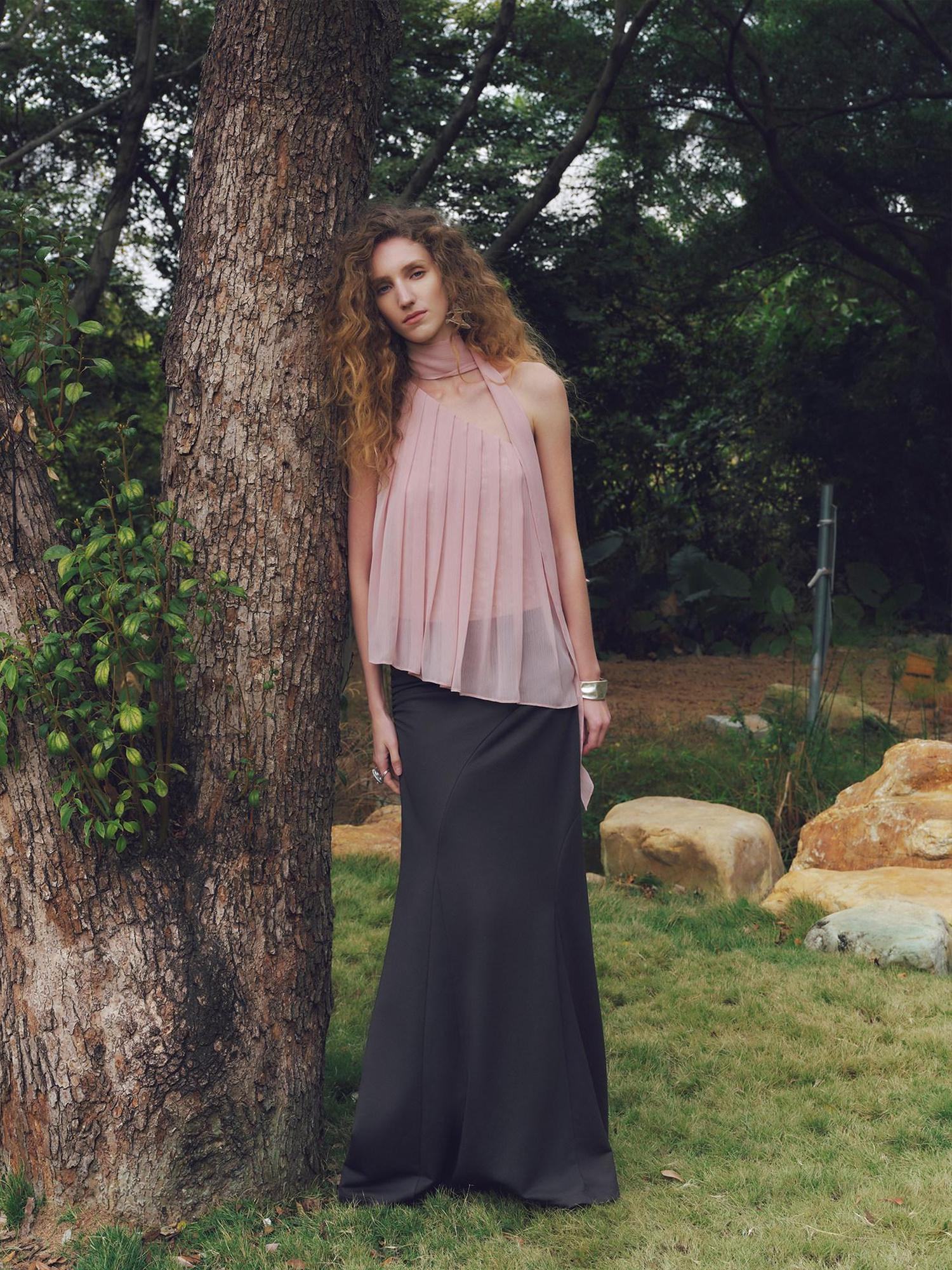 someonesometimes Patchwork Asymmetrical Halter Loose Women Mist Pink Off Shoulder Crop Tops