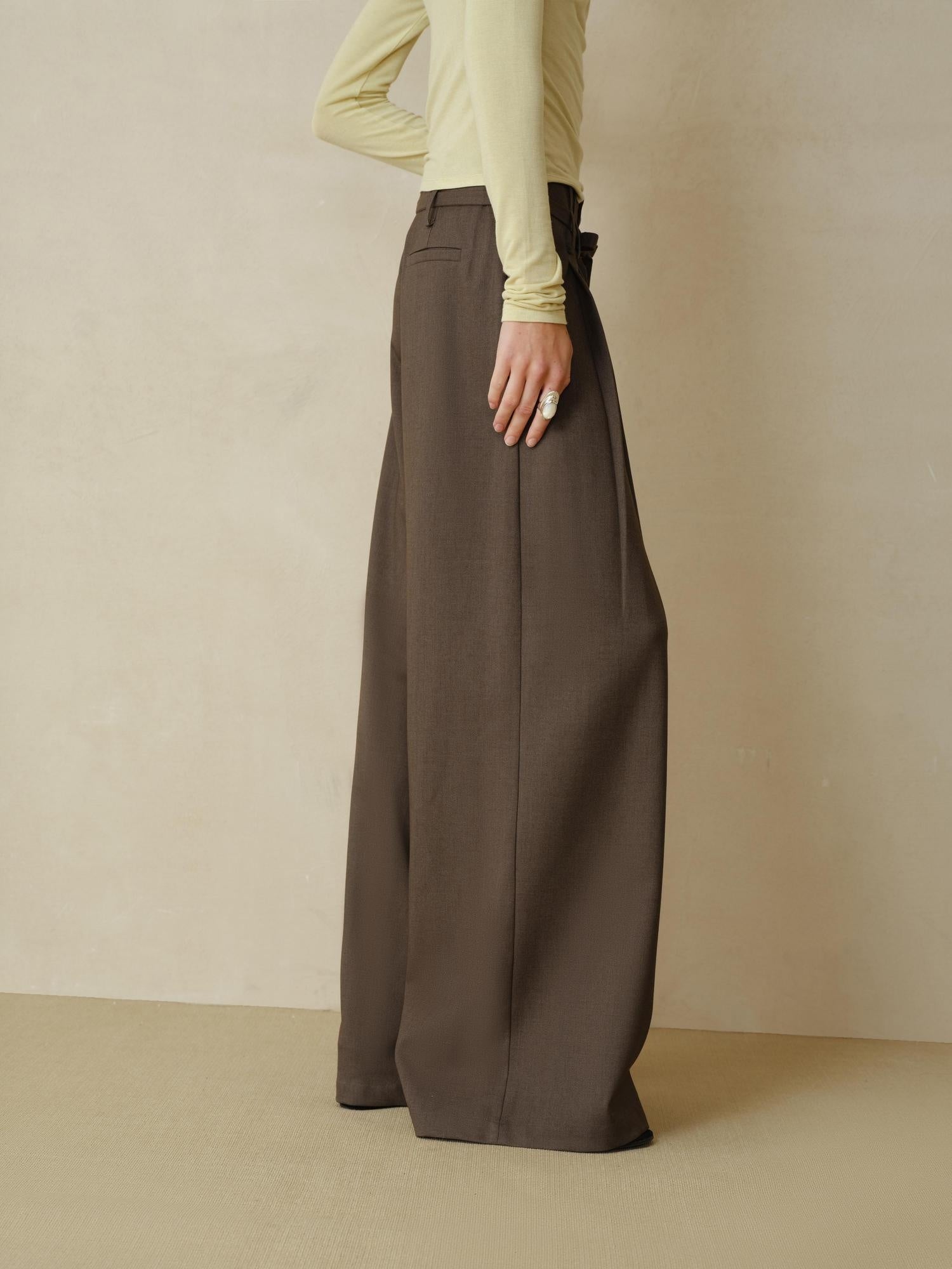 someonesometimes Pleated Commuter Natural Waist Tea Brown Lyocell Blend Wide Leg Pants