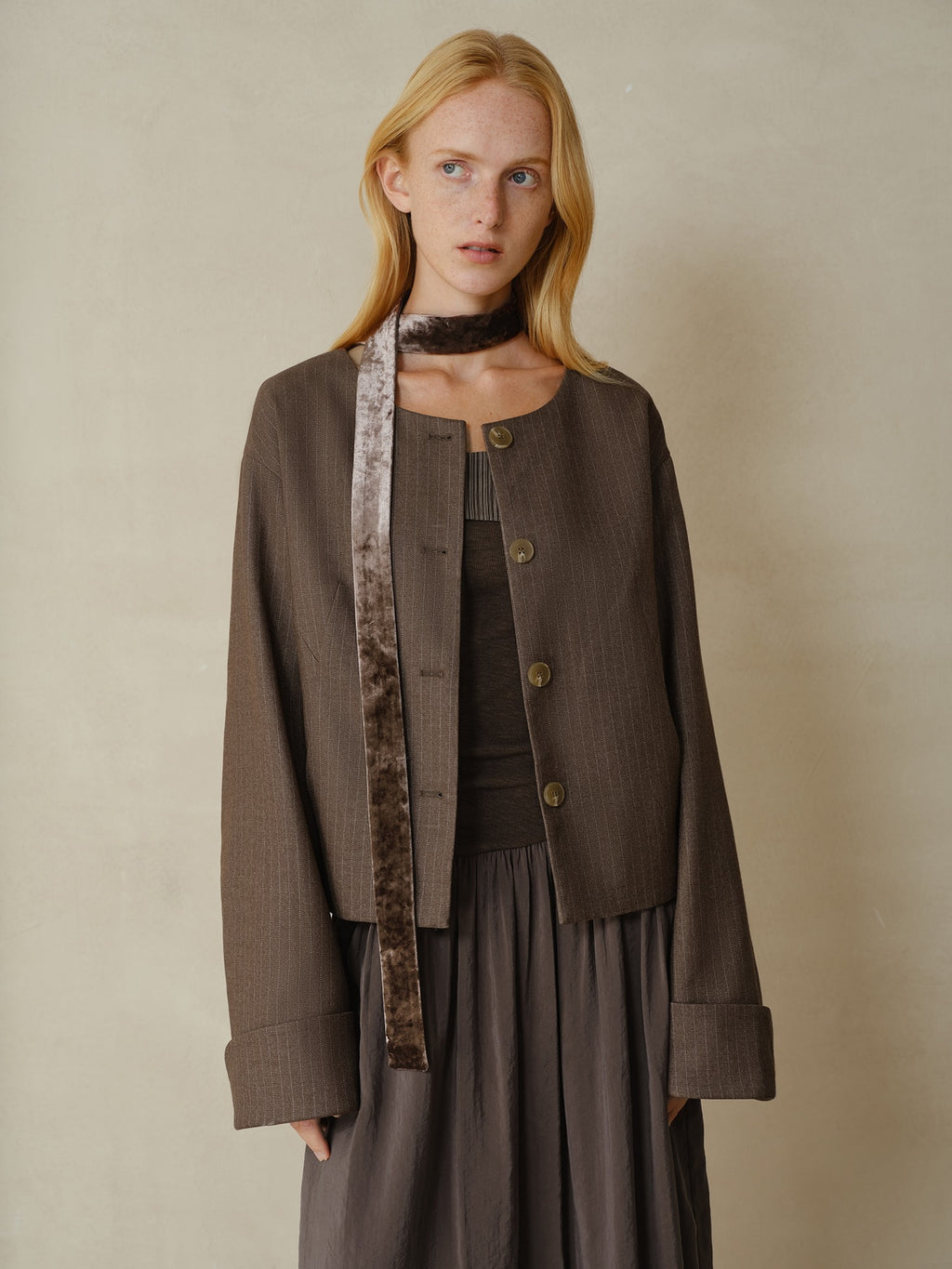 someonesometimes Polyester Button Front Halter Loose Casual Brown Striped Womens Cropped Jackets