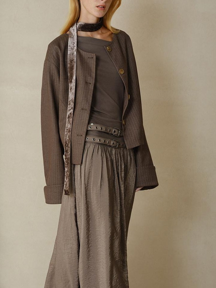 someonesometimes Polyester Button Front Halter Loose Casual Brown Striped Womens Cropped Jackets