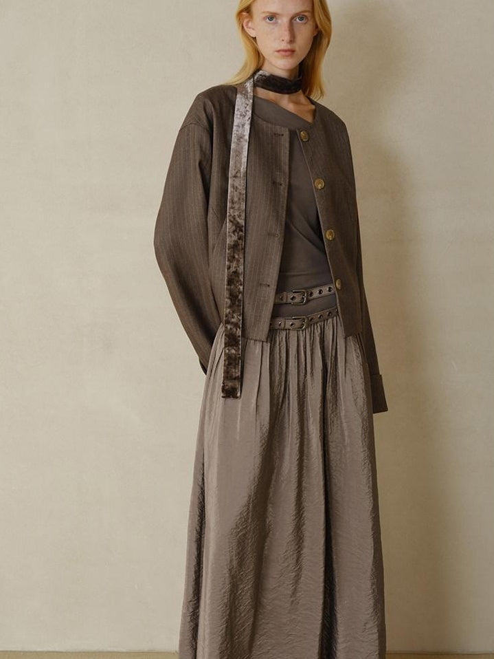 someonesometimes Polyester Button Front Halter Loose Casual Brown Striped Womens Cropped Jackets