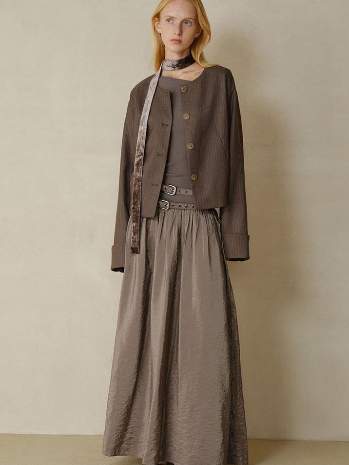 someonesometimes Polyester Button Front Halter Loose Casual Brown Striped Womens Cropped Jackets