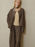 someonesometimes Polyester Button Front Halter Loose Casual Brown Striped Womens Cropped Jackets