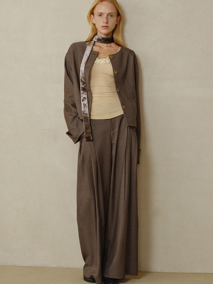 someonesometimes Polyester Button Front Halter Loose Casual Brown Striped Womens Cropped Jackets