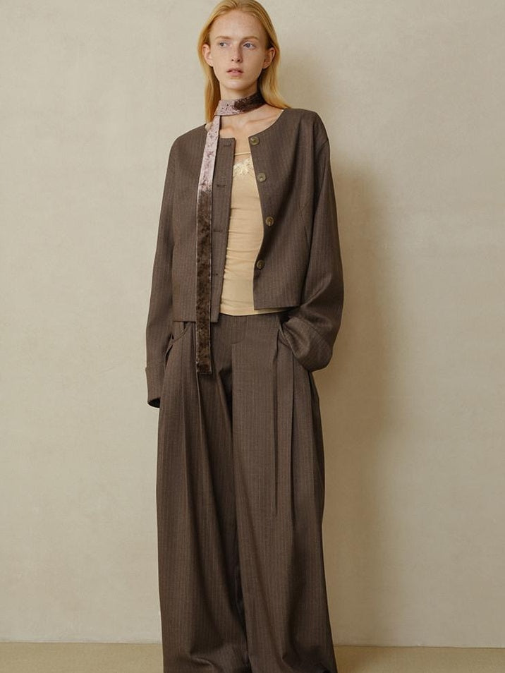someonesometimes Polyester Button Front Halter Loose Casual Brown Striped Womens Cropped Jackets