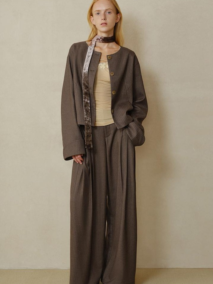 someonesometimes Polyester Button Front Halter Loose Casual Brown Striped Womens Cropped Jackets