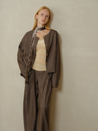 someonesometimes Polyester Button Front Halter Loose Casual Brown Striped Womens Cropped Jackets