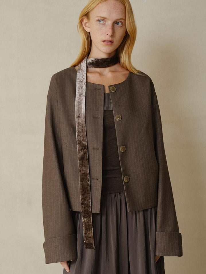 someonesometimes Polyester Button Front Halter Loose Casual Brown Striped Womens Cropped Jackets