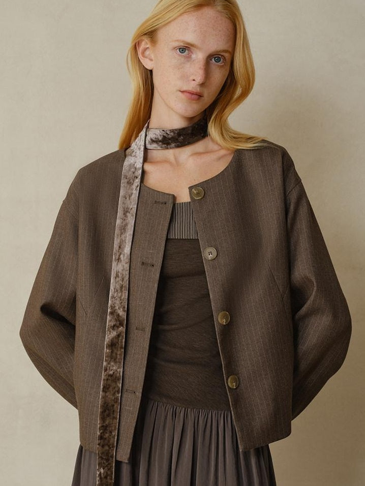 someonesometimes Polyester Button Front Halter Loose Casual Brown Striped Womens Cropped Jackets