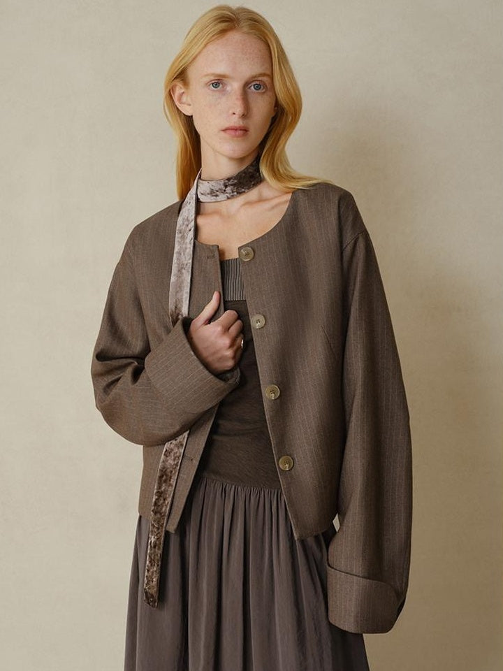 someonesometimes Polyester Button Front Halter Loose Casual Brown Striped Womens Cropped Jackets