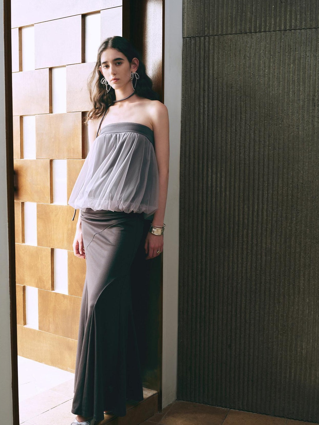 someonesometimes Polyester Loose Fit Patchwork Pullover For Women Light Sky Gray Tube Tops