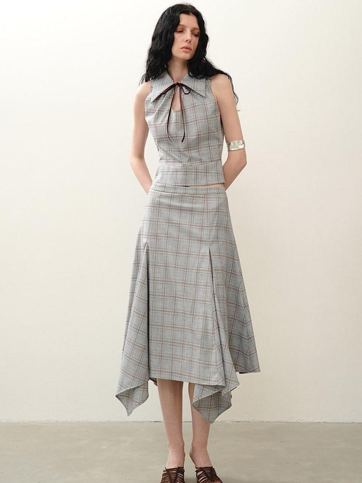 someonesometimes Polyester Plaid Short Sleeve Top And Pleated Skirt For Young Women Two Piece Set