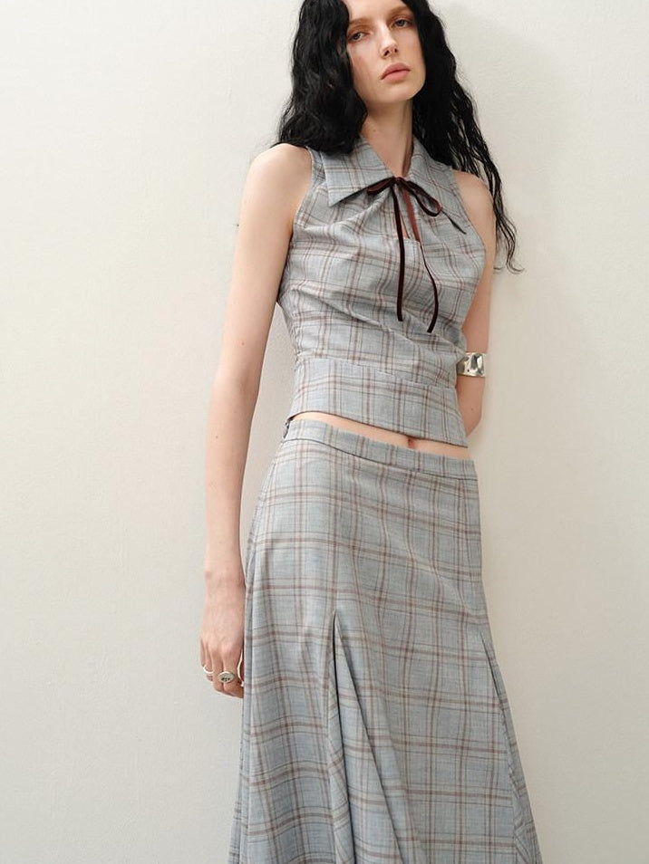 someonesometimes Polyester Plaid Short Sleeve Top And Pleated Skirt For Young Women Two Piece Set