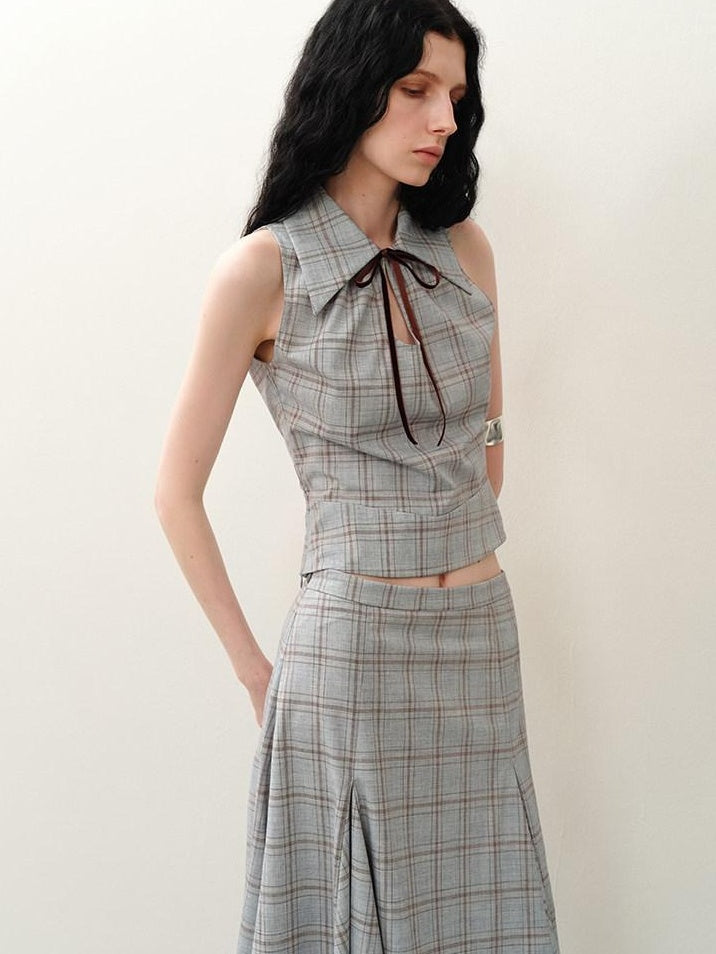 someonesometimes Polyester Plaid Short Sleeve Top And Pleated Skirt For Young Women Two Piece Set