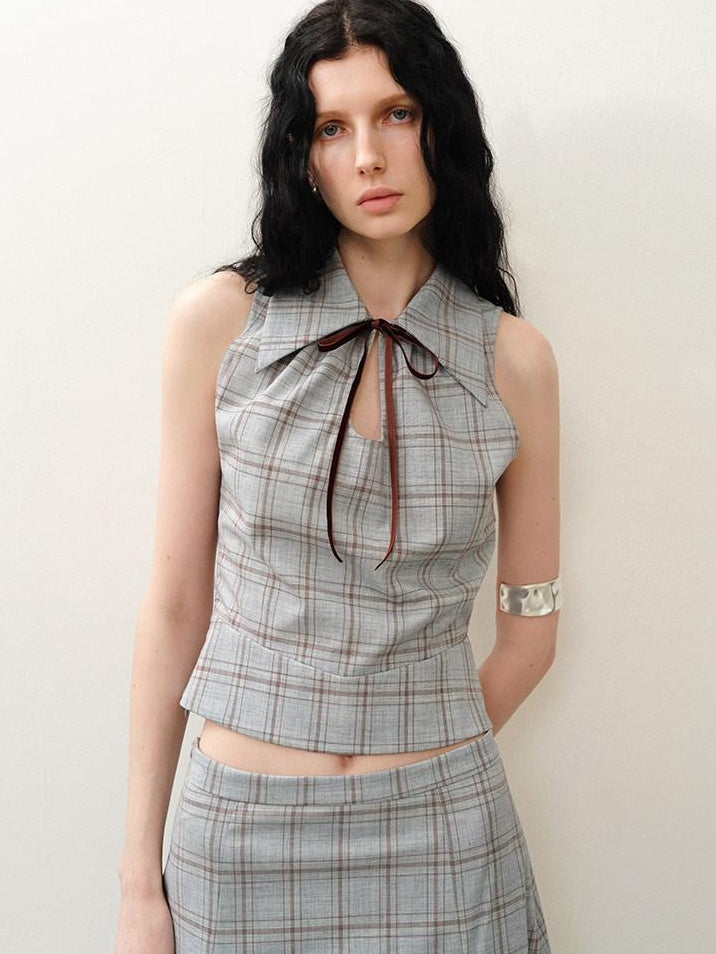 someonesometimes Polyester Plaid Short Sleeve Top And Pleated Skirt For Young Women Two Piece Set