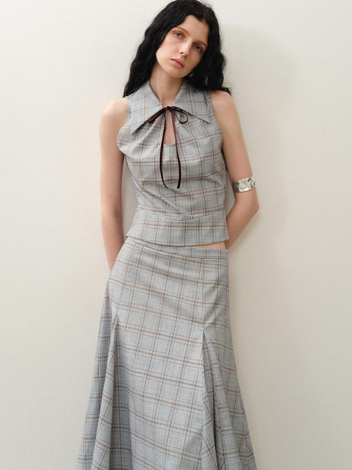 someonesometimes Polyester Plaid Short Sleeve Top And Pleated Skirt For Young Women Two Piece Set