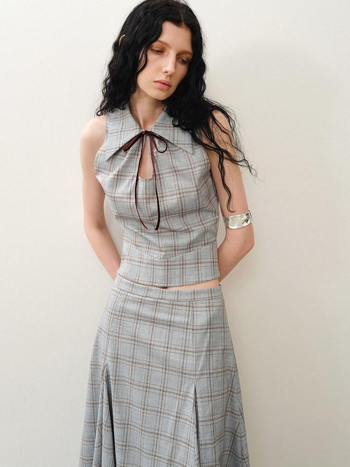 someonesometimes Polyester Plaid Short Sleeve Top And Pleated Skirt For Young Women Two Piece Set