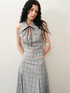 someonesometimes Polyester Plaid Short Sleeve Top And Pleated Skirt For Young Women Two Piece Set