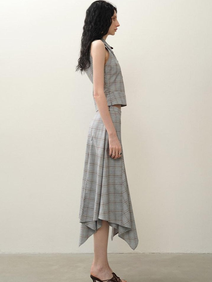 someonesometimes Polyester Plaid Short Sleeve Top And Pleated Skirt For Young Women Two Piece Set