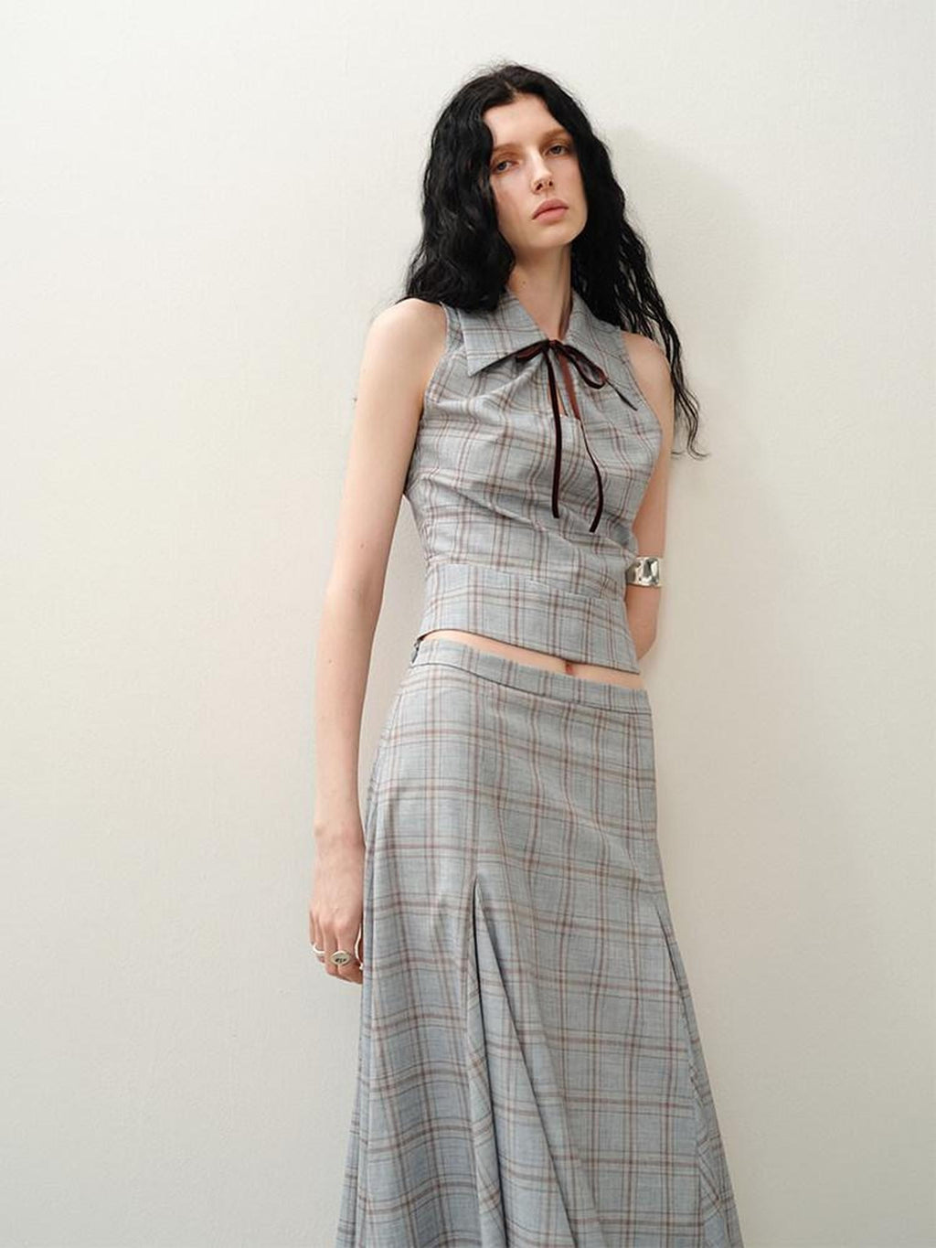 someonesometimes Polyester Plaid Short Sleeve Top And Pleated Skirt For Young Women Two Piece Set
