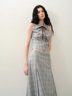 someonesometimes Polyester Plaid Short Sleeve Top And Pleated Skirt For Young Women Two Piece Set