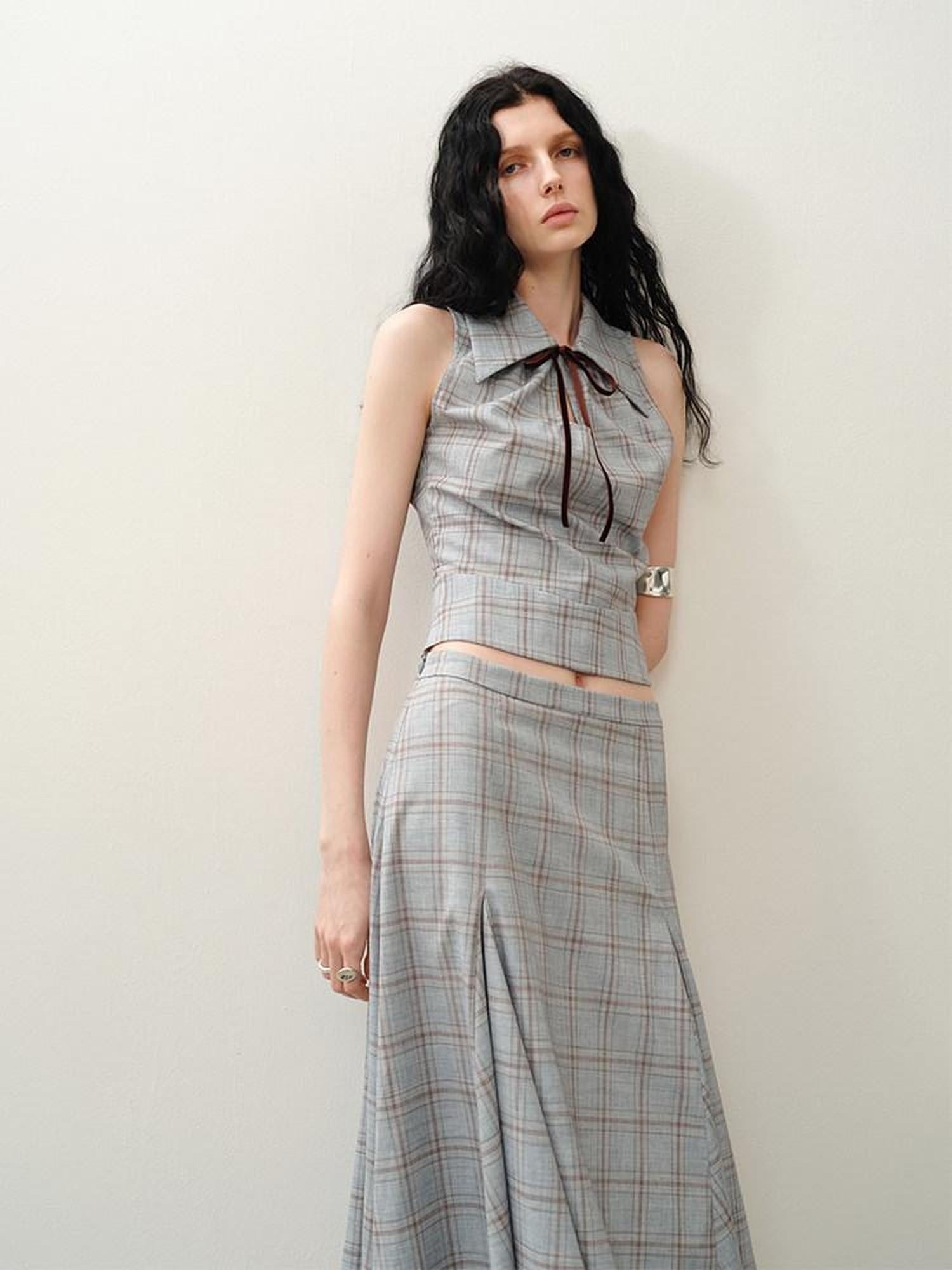 someonesometimes Polyester Plaid Short Sleeve Top And Pleated Skirt For Young Women Two Piece Set
