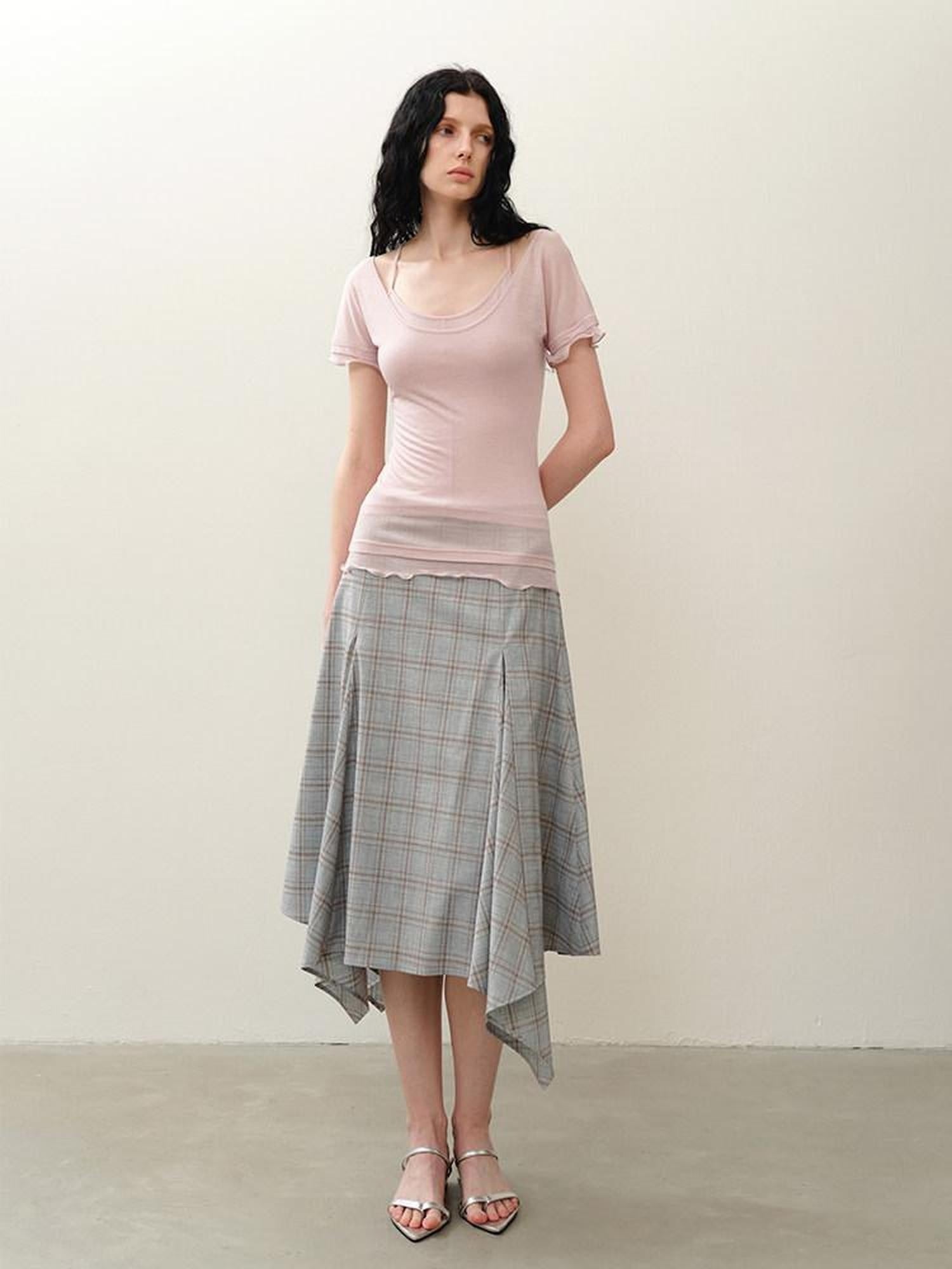 someonesometimes Polyester Plaid Short Sleeve Top And Pleated Skirt For Young Women Two Piece Set