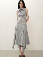 someonesometimes Polyester Plaid Short Sleeve Top And Pleated Skirt For Young Women Two Piece Set