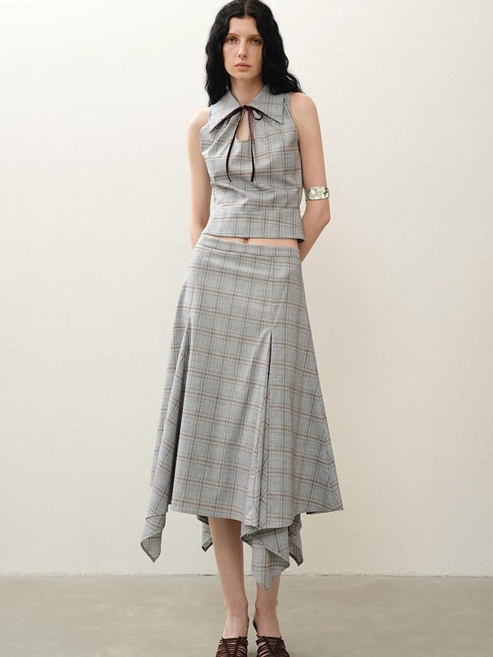 someonesometimes Polyester Plaid Short Sleeve Top And Pleated Skirt For Young Women Two Piece Set