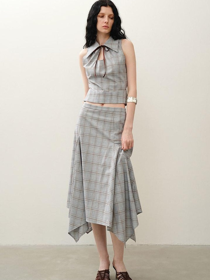 someonesometimes Polyester Plaid Short Sleeve Top And Pleated Skirt For Young Women Two Piece Set