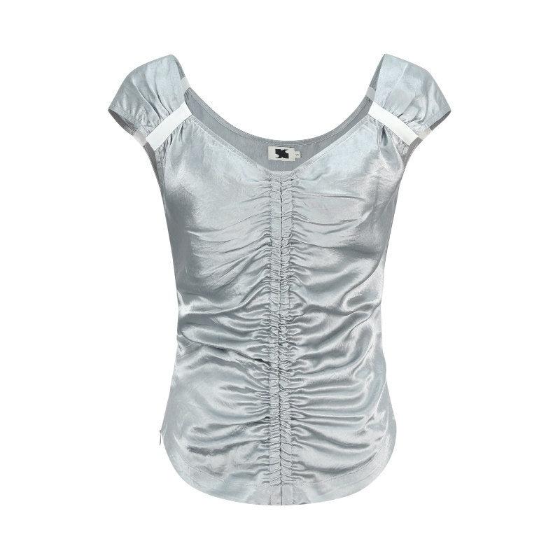 someonesometimes_Ruched_V-neck_Slim_Fit_Silver_Gray_Acetate_Sleeveless_Off_Shoulder_Crop_Tops_MISSTT