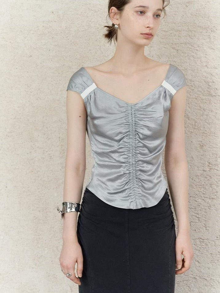 someonesometimes Ruched V-neck Slim Fit Silver Gray Acetate Sleeveless Off Shoulder Crop Tops