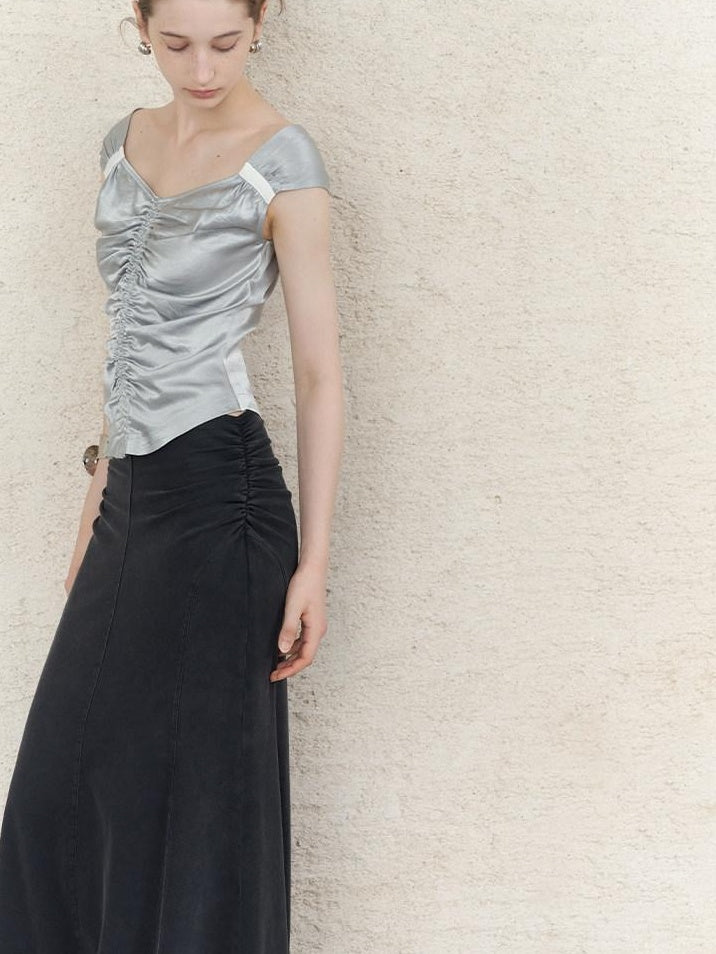 someonesometimes Ruched V-neck Slim Fit Silver Gray Acetate Sleeveless Off Shoulder Crop Tops