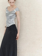 someonesometimes Ruched V-neck Slim Fit Silver Gray Acetate Sleeveless Off Shoulder Crop Tops