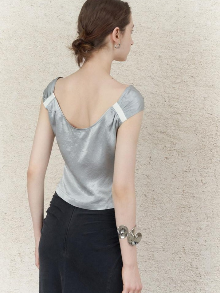 someonesometimes Ruched V-neck Slim Fit Silver Gray Acetate Sleeveless Off Shoulder Crop Tops