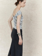 someonesometimes Ruched V-neck Slim Fit Silver Gray Acetate Sleeveless Off Shoulder Crop Tops