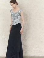 someonesometimes Ruched V-neck Slim Fit Silver Gray Acetate Sleeveless Off Shoulder Crop Tops
