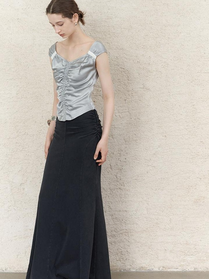 someonesometimes Ruched V-neck Slim Fit Silver Gray Acetate Sleeveless Off Shoulder Crop Tops