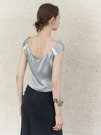 someonesometimes Ruched V-neck Slim Fit Silver Gray Acetate Sleeveless Off Shoulder Crop Tops