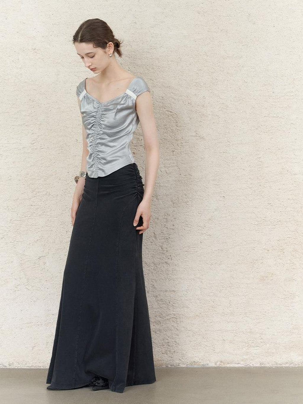 someonesometimes Ruched V-neck Slim Fit Silver Gray Acetate Sleeveless Off Shoulder Crop Tops