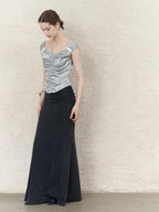 someonesometimes Ruched V-neck Slim Fit Silver Gray Acetate Sleeveless Off Shoulder Crop Tops