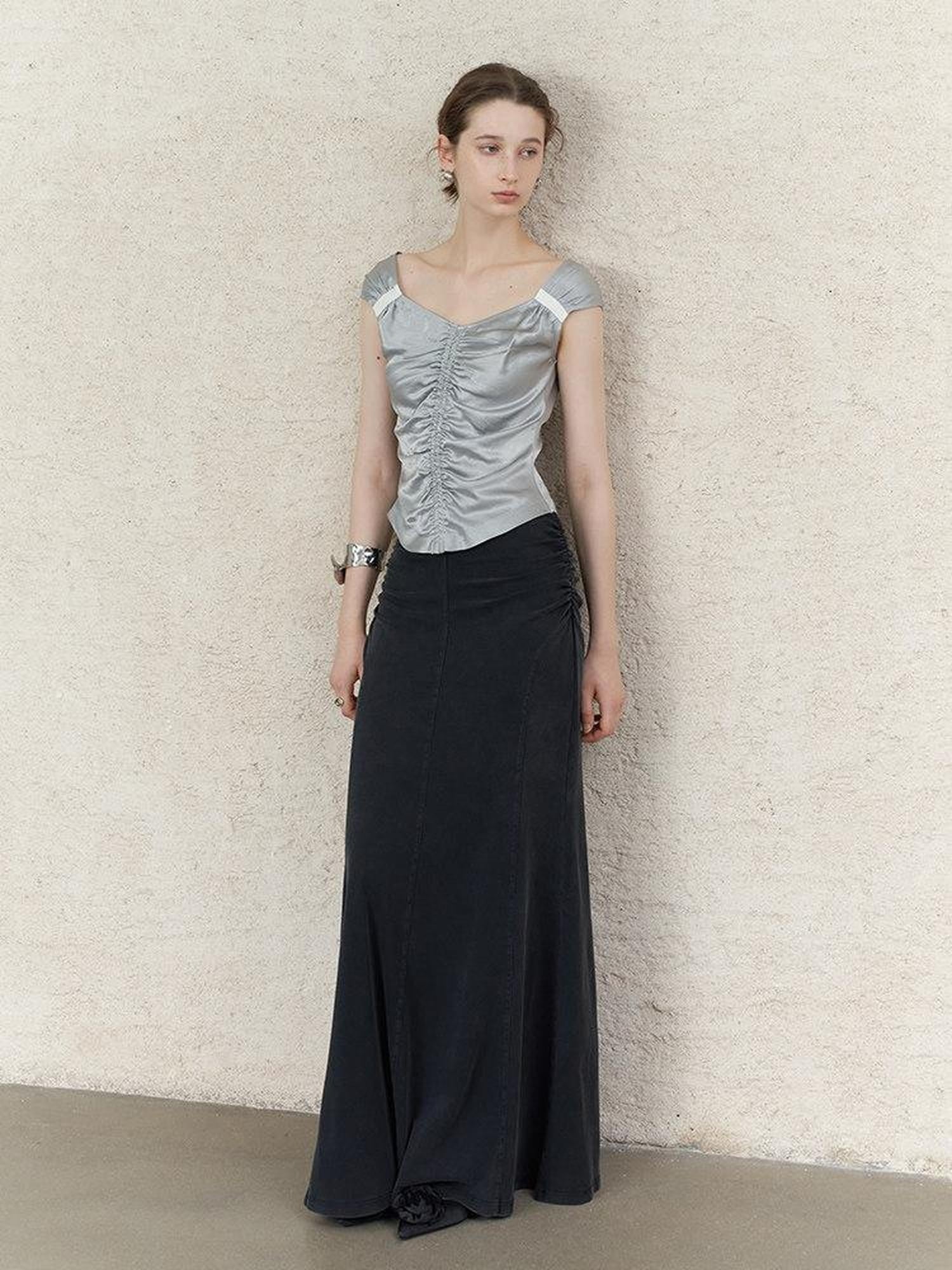 someonesometimes Ruched V-neck Slim Fit Silver Gray Acetate Sleeveless Off Shoulder Crop Tops