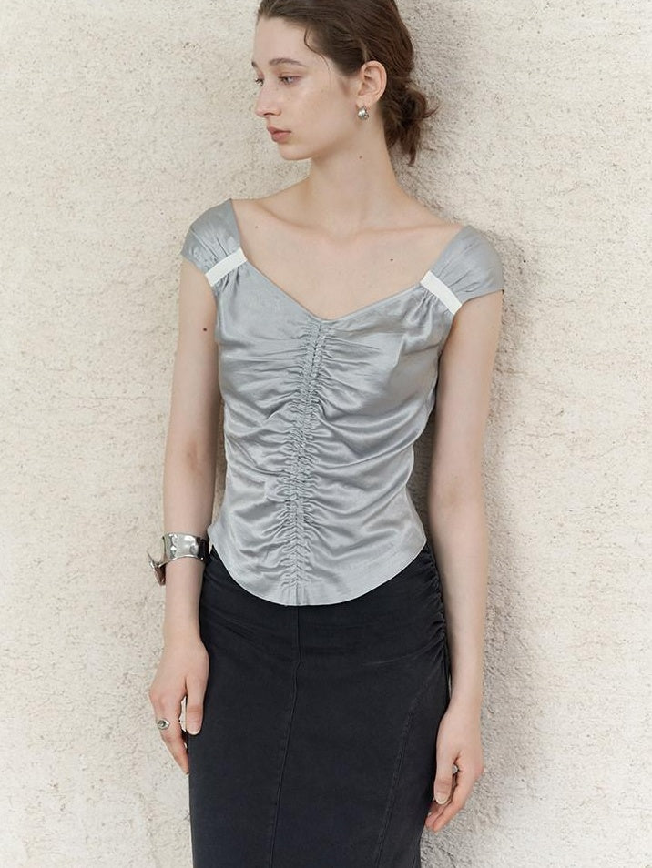 someonesometimes Ruched V-neck Slim Fit Silver Gray Acetate Sleeveless Off Shoulder Crop Tops