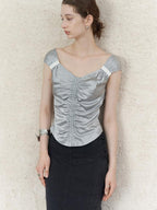 someonesometimes Ruched V-neck Slim Fit Silver Gray Acetate Sleeveless Off Shoulder Crop Tops
