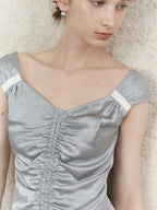 someonesometimes Ruched V-neck Slim Fit Silver Gray Acetate Sleeveless Off Shoulder Crop Tops