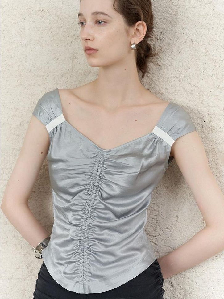 someonesometimes Ruched V-neck Slim Fit Silver Gray Acetate Sleeveless Off Shoulder Crop Tops