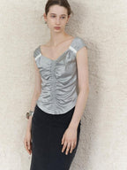 someonesometimes Ruched V-neck Slim Fit Silver Gray Acetate Sleeveless Off Shoulder Crop Tops